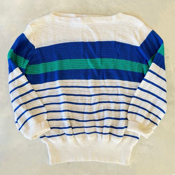 Vintage 80s White, Blue and Teal Striped Boatneck 3/4 Sleeve Sheer Sweater / M L - Picture 1 of 6